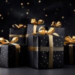 arranged gifts boxes wrapped black paper with black ribbon black background christmas concept