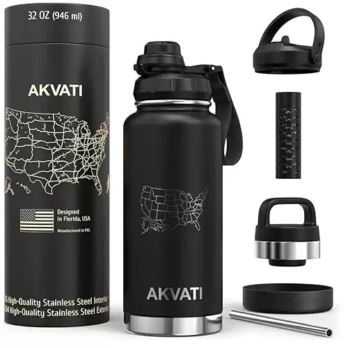 32 oz Insulated Alkaline Water Bottle Black| Create High pH Premium Water| 3 Lids