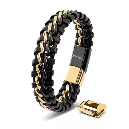 SERASAR | Premium Genuine Leather Bracelet [Steel] for Men in Black | Magnetic Stainless Steel Clasp