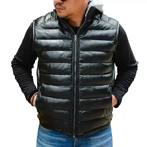 Jild Lambskin Leather Puffer Vest with Removable Hood